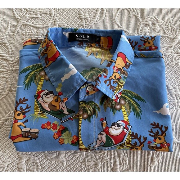 SSLR Christmas Hawaiian Santa Shirt Reindeer Tropical Button Up Blue Mens XL - Picture 12 of 12